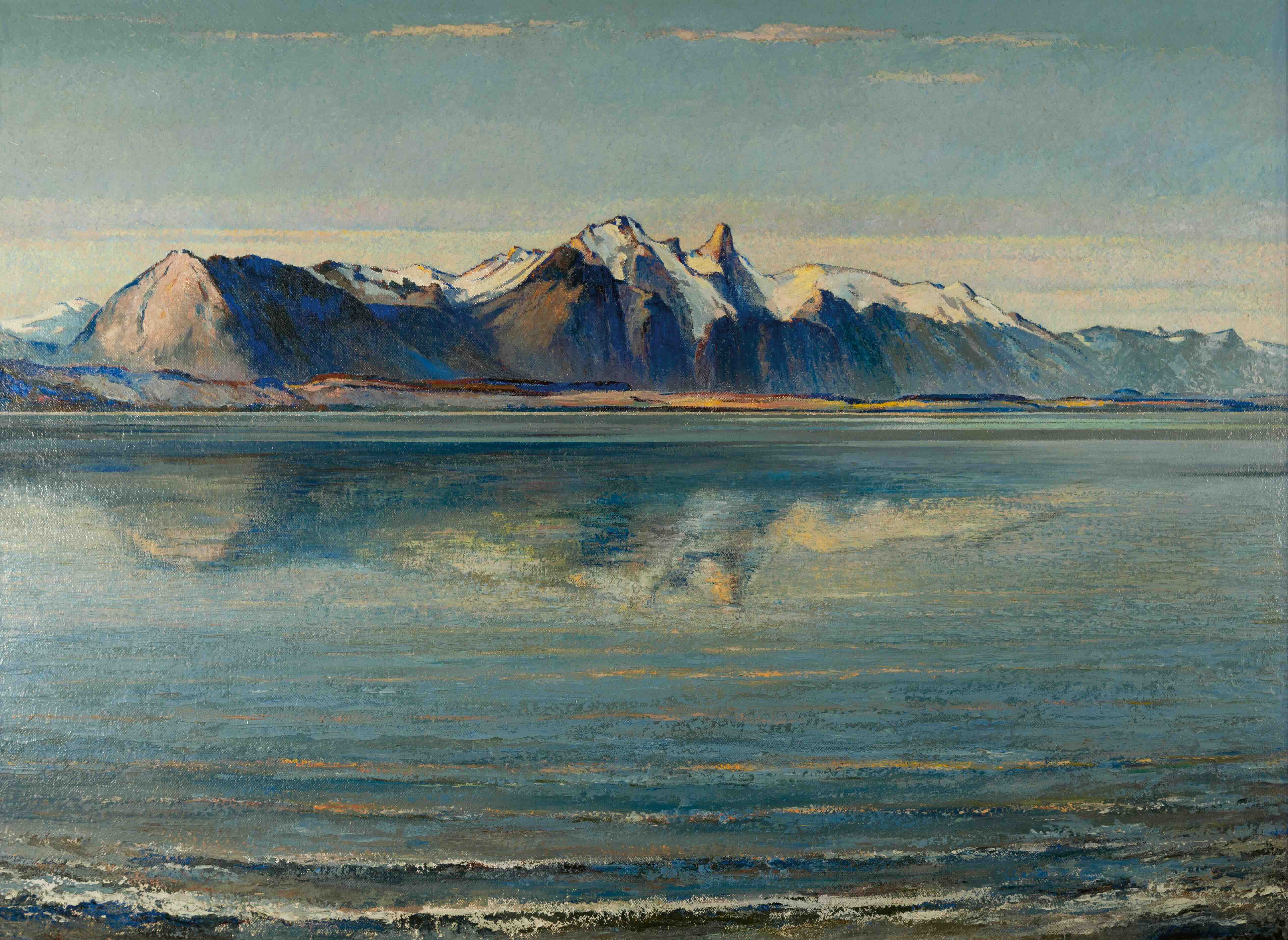 Eberhard Ernst, Blick von Merligen auf den Thunersee Richtung Stockhorn in der Abendsonne, 60er-Jahre, 10