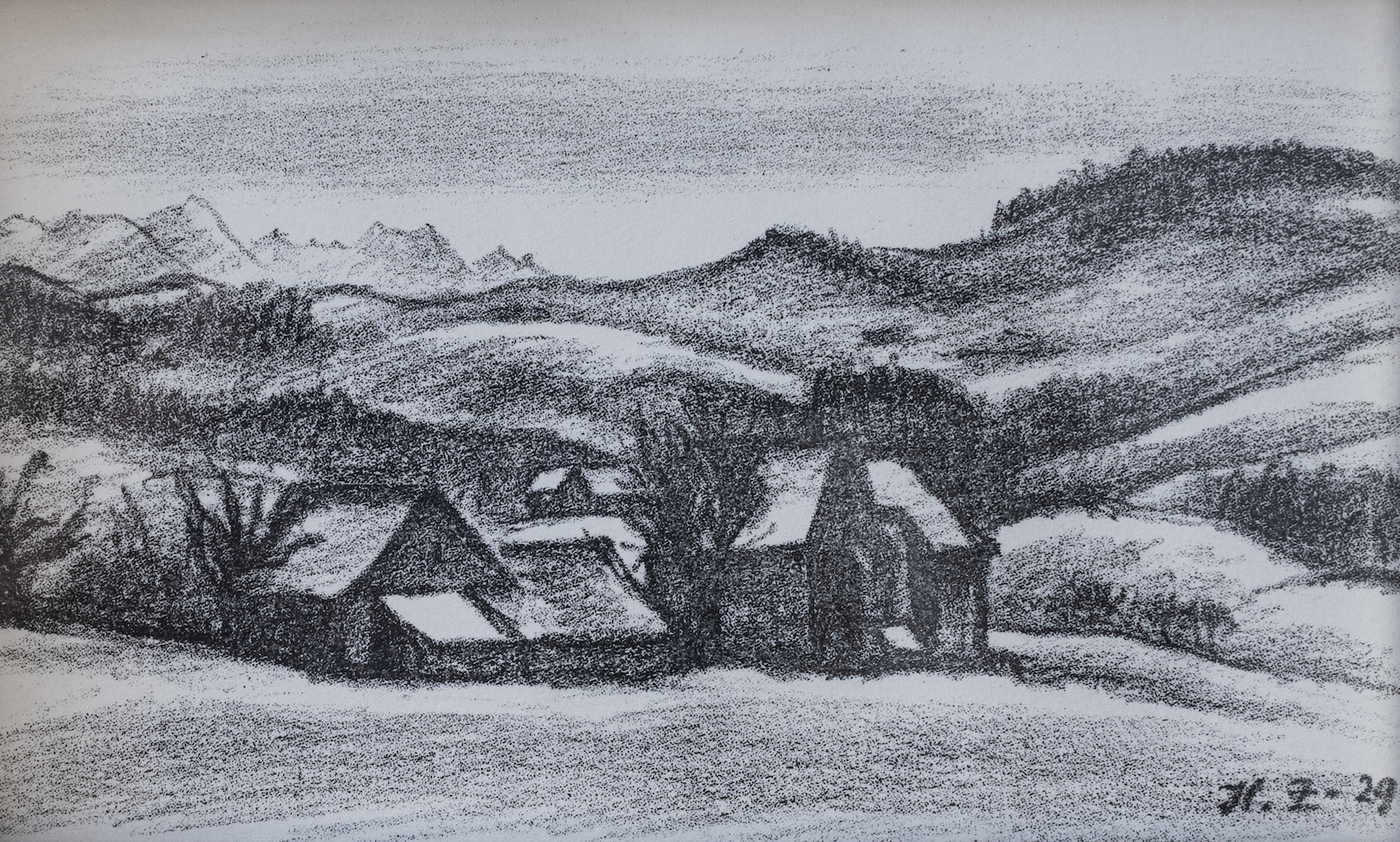 H.Z., Bauernhäuser, Landschaft, 1112