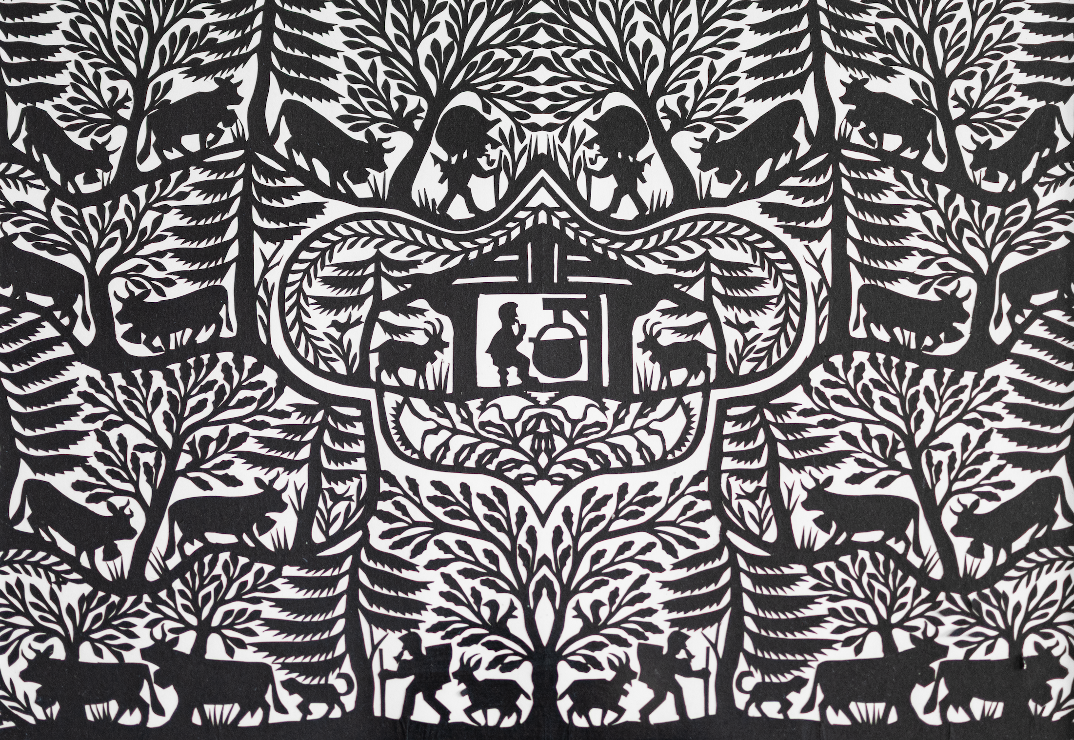 Regez David, Scherenschnitt Alphütte mit Käsekessi, 1173